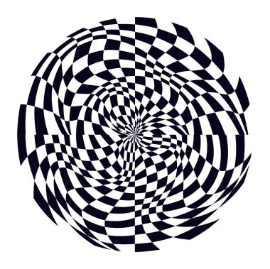 Psikedelik dama tahtası küresi. Kontrastlı siyah beyaz renkler içeren çarpıcı bir tasarım. Garip spiral şekiller. Optik illüzyon deseni, retro sanat, büyüleyici görsel vektör çizimi