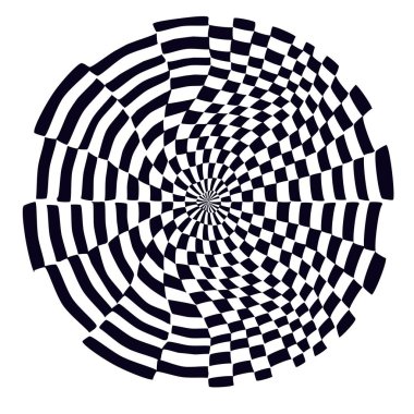 Psikedelik dama tahtası küresi. Kontrastlı siyah beyaz renkler içeren çarpıcı bir tasarım. Garip spiral şekiller. Optik illüzyon deseni, retro sanat, büyüleyici görsel vektör çizimi