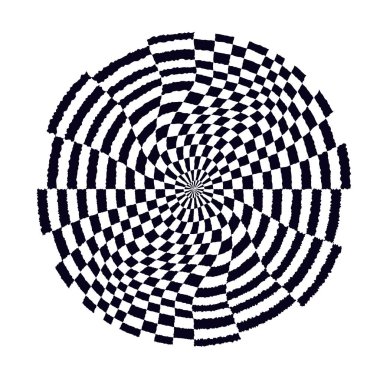 Psikedelik dama tahtası küresi. Kontrastlı siyah beyaz renkler içeren çarpıcı bir tasarım. Garip spiral şekiller. Optik illüzyon deseni, retro sanat, büyüleyici görsel vektör çizimi