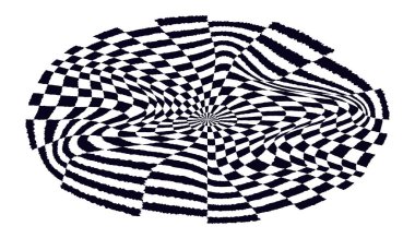 Psikedelik dama tahtası küresi. Kontrastlı siyah beyaz renkler içeren çarpıcı bir tasarım. Garip spiral şekiller. Optik illüzyon deseni, retro sanat, büyüleyici görsel vektör çizimi