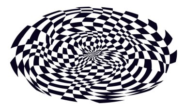 Psikedelik dama tahtası küresi. Kontrastlı siyah beyaz renkler içeren çarpıcı bir tasarım. Garip spiral şekiller. Optik illüzyon deseni, retro sanat, büyüleyici görsel vektör çizimi