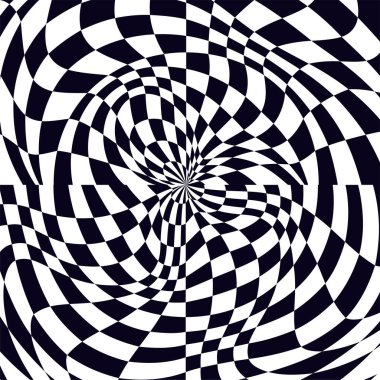 Psychedelic checkerboard sphere. Visually striking design featuring contrast black white colors. Trippy spiral shapes. Optical illusions pattern, retro art, mesmerizing visual vector illustration clipart