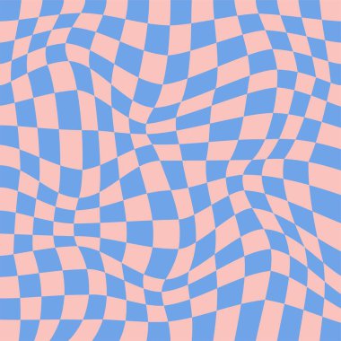 Psikedelik dama tahtası deseni. Pastel renkler ve tuhaf geometrik şekiller içeren göz alıcı bir tasarım. Optik illüzyonlar retro sanat, grafik büyüleyici görsel vektör illüstrasyonu