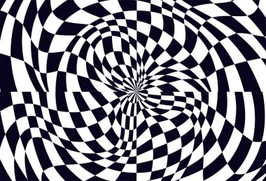 Psikedelik dama tahtası küresi. Kontrastlı siyah beyaz renkler içeren çarpıcı bir tasarım. Garip spiral şekiller. Optik illüzyon deseni, retro sanat, büyüleyici görsel vektör çizimi