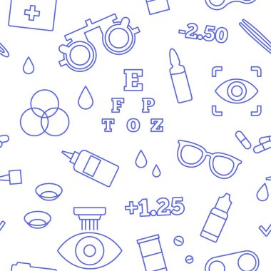 Optometri kusursuz desen. Göz bilimi merkezinde görme muayenesi. Oftalmik deneme çerçevesi, test cihazları ve göz çizelgesi. Kontak lensler ve lazer düzeltmesi. Görüş problemi tedavi vektörü