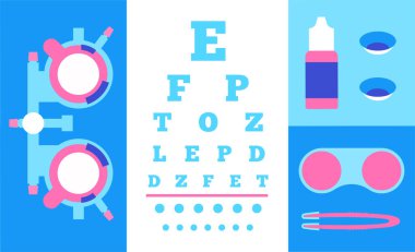 Kontak lensler, göz röntgeni deneme çerçevesi ve göz çizelgesi. Göz protezi ve optometri muayenesi. Görme sorunu, görüş kontrolü ve tedavi. Kırılma hatası düzeltme vektörü tıbbi illüstrasyon.