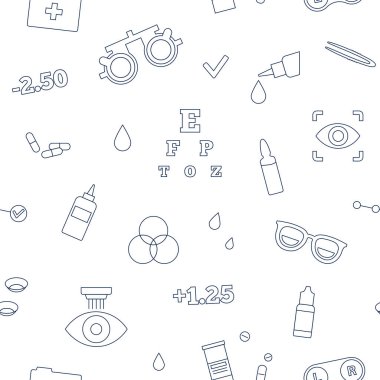 Optometri kusursuz desen. Göz bilimi merkezinde görme muayenesi. Oftalmik deneme çerçevesi, test cihazları ve göz çizelgesi. Kontak lensler ve lazer düzeltmesi. Görüş problemi tedavi vektörü