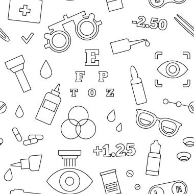 Optometri kusursuz desen. Göz bilimi merkezinde görme muayenesi. Oftalmik deneme çerçevesi, test cihazları ve göz çizelgesi. Kontak lensler ve lazer düzeltmesi. Görüş problemi tedavi vektörü