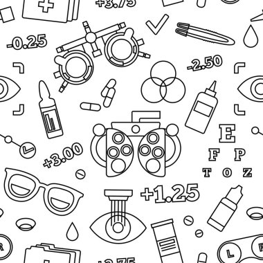 Optometri kusursuz desen. Göz bilimi merkezinde görme muayenesi. Oftalmik deneme çerçevesi, test cihazları ve göz çizelgesi. Kontak lensler ve lazer düzeltmesi. Görüş problemi tedavi vektörü