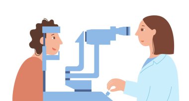 Eye exam in clinic with slit lamp. Microscope with a bright light. Detecting eye disease concept. Ophthalmologist look at the different structures at the front of the eye flat vector illustration. clipart