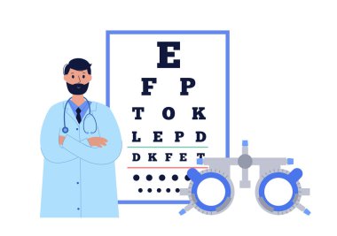Göz ftalmik deneme çerçevesi, göz çizelgesi testi. Optometri incelemesi. Görüş hastalıkları, görüş kontrolü ve tedavi. Göz Hastalıkları Merkezi 'nde randevu. Kırılma hatası düzeltmesi düz vektör çizimi