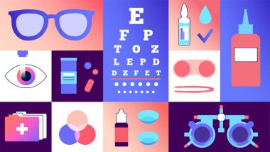 Optimetri konsepti posteri. Optalmik deneme çerçevesi ve göz grafiği ile inceleniyor. Kontak lensler ve lazer düzeltmesi. İnsan görme sorunu teşhisi ve tedavi vektör çizimi