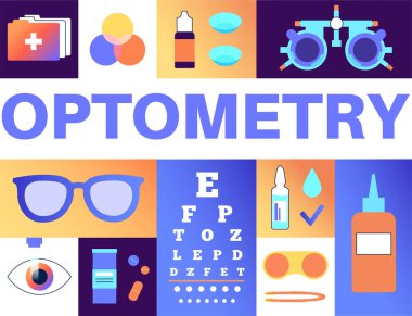 Optimetri konsepti posteri. Optalmik deneme çerçevesi ve göz grafiği ile inceleniyor. Kontak lensler ve lazer düzeltmesi. İnsan görme sorunu teşhisi ve tedavi vektör çizimi