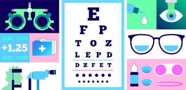 Optimetri konsepti posteri. Optalmik deneme çerçevesi ve göz grafiği ile inceleniyor. Kontak lensler ve lazer düzeltmesi. İnsan görme sorunu teşhisi ve tedavi vektör çizimi