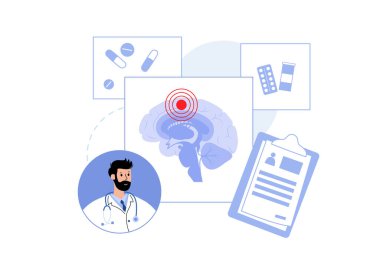 Beyin tümörü tıbbi posteri. Kanser, metastaz veya sinirlerde iyi huylu, hipofiz bezi, epifiz bezi ve beyin düz vektör çiziminin yüzeyini kaplayan zarlar.