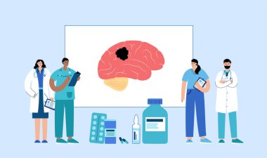 Beyin tümörü tıbbi posteri. Kanser, metastaz veya sinirlerde iyi huylu, hipofiz bezi, epifiz bezi ve beyin düz vektör çiziminin yüzeyini kaplayan zarlar.