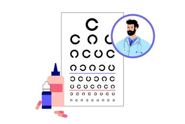 Göz çizelgesi, görsel keskinlik landolt c halkası, göz doktoruyla Japonca görüş testi. Optometri incelemesi. Görme engelli kişileri taramak. Vizyon denetim vektör çizimi