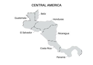 Orta Amerika ülkeleri haritası. Güneyde Guatemala, Belize, El Salvador ve Honduras ve kuzeyde Nikaragua, Kosta Rika ve Panama 'nın olduğu poster, düz vektör çizimi