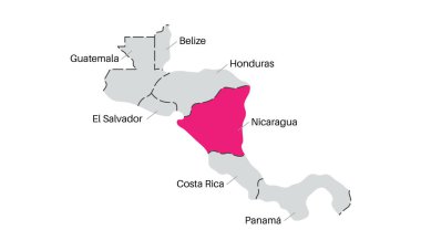 Nikaragua ana hatlı posteri. Orta Amerika ülke sınırı siluet haritası düz vektör. Beyaz arkaplanda kırmızı simge çizimi