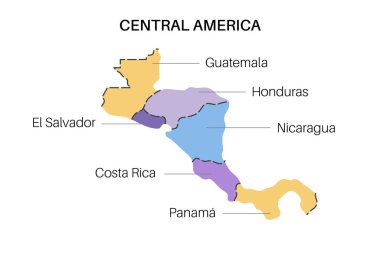 Orta Amerika ülkeleri haritası. Güneyde Guatemala, Belize, El Salvador ve Honduras ve kuzeyde Nikaragua, Kosta Rika ve Panama 'nın olduğu poster, düz vektör çizimi