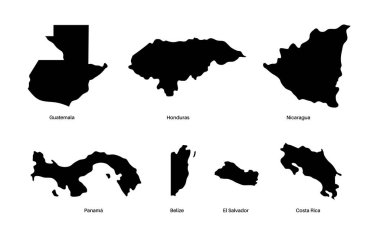 Orta Amerika ülkeleri haritası. Güneyde Guatemala, Belize, El Salvador ve Honduras ve kuzeyde Nikaragua, Kosta Rika ve Panama 'nın olduğu poster, düz vektör çizimi