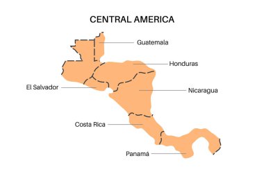 Orta Amerika ülkeleri haritası. Güneyde Guatemala, Belize, El Salvador ve Honduras ve kuzeyde Nikaragua, Kosta Rika ve Panama 'nın olduğu poster, düz vektör çizimi