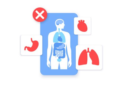İç organlar bilgi kaynaklı hastalıklar. Acı, enfeksiyon veya insan vücudunda iltihap. Erkek siluetinde mide, akciğer ve kalp sorunları olan anatomik diyagram.