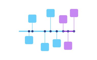 Infographic zaman çizelgesi şablonu. İş sunumu ya da grafik konsepti. Web sitesi, UI veya akıllı telefon düz vektör çizimi için yatay ilerleme düzeni üzerinde kilometre taşlarıyla çalışma akışı diyagramı veya raporu