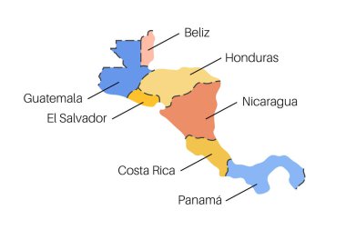 Orta Amerika ülkeleri haritası. Güneyde Guatemala, Belize, El Salvador ve Honduras ve kuzeyde Nikaragua, Kosta Rika ve Panama 'nın olduğu poster, düz vektör çizimi