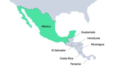 Meksika ana hatları posteri. Boş Kuzey Amerika ülke sınırı. Meksika siluet haritası düz vektör siyah resim beyaz arkaplan üzerinde