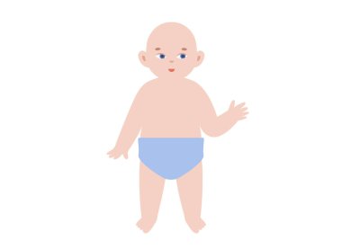 Altında bez olan bir çocuk beyaz arka planda el sallıyor. Nötr pediatrik pozun en az ön görünümü. Bebeğin kimlik, çocukluk veya tıbbi temalar için kavramsal düz vektörü