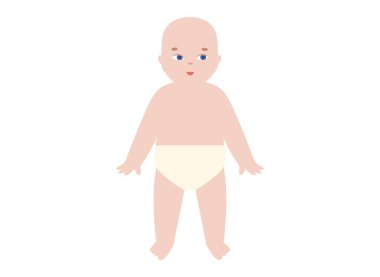 Beyaz arka planda bebek bezi takmış bir çocuk. Nötr pediatrik pozun en az ön görünümü. Çocuklu bir poster. Bebeğin kimlik, çocukluk veya tıbbi temalar için kavramsal düz vektörü