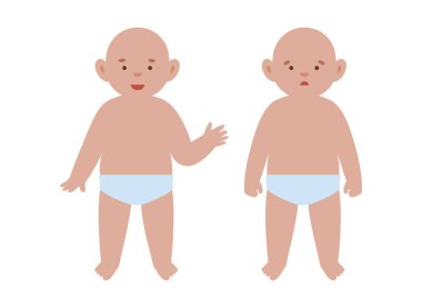 Bezli iki bebek, biri gülümseyen ve el sallayan, diğeri üzgün ya da hasta. Pediatrik siluette çelişkili duygular. Erken yaşlarda sağlık ve hastalıkları gösteren kavramsal vektör.