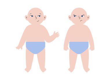 Bezli iki bebek, biri gülümseyen ve el sallayan, diğeri üzgün ya da hasta. Pediatrik siluette çelişkili duygular. Erken yaşlarda sağlık ve hastalıkları gösteren kavramsal vektör.