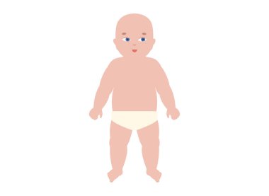 Beyaz arka planda bebek bezi takmış bir çocuk. Nötr pediatrik pozun en az ön görünümü. Çocuklu bir poster. Bebeğin kimlik, çocukluk veya tıbbi temalar için kavramsal düz vektörü
