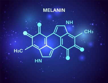 Melanin kimyasal formül ikonu. İnsan vücudundaki polimer saç, göz ve deri pigmentasyonu üretir. Zararlı ultraviyole ışınları emiyor, hücreleri güneş hasarından koruyor. Tıbbi poster düz vektör çizimi