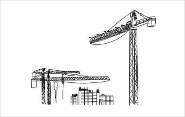 Yapı vinçleri ve binaları elle çizilmiş bir taslak çiziyor. Kule vinçleri bitmemiş yapıların yakınındaki malzemeleri kaldırıyor. İnşaat temaları için kalem satırı sanatı, siyah beyaz vektör
