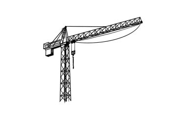 Yapı vinçleri elle çizilmiş. Kancalı ve çerçeveli kule vinçleri, kalem çizgisi sanatında inşaat malzemeleri. Mimarlık veya mühendislik için siyah ve beyaz vektör çizimi