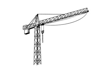 Yapı vinçleri elle çizilmiş. Kancalı ve çerçeveli kule vinçleri, kalem çizgisi sanatında inşaat malzemeleri. Mimarlık veya mühendislik için siyah ve beyaz vektör çizimi
