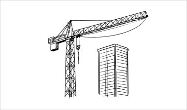 Yapı vinçleri ve binaları elle çizilmiş bir taslak çiziyor. Kule vinçleri bitmemiş yapıların yakınındaki malzemeleri kaldırıyor. İnşaat temaları için kalem satırı sanatı, siyah beyaz vektör
