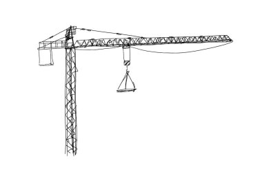 Yapı vinçleri elle çizilmiş. Kancalı ve çerçeveli kule vinçleri, kalem çizgisi sanatında inşaat malzemeleri. Mimarlık veya mühendislik için siyah ve beyaz vektör çizimi