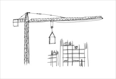 Yapı vinçleri ve binaları elle çizilmiş bir taslak çiziyor. Kule vinçleri bitmemiş yapıların yakınındaki malzemeleri kaldırıyor. İnşaat temaları için kalem satırı sanatı, siyah beyaz vektör