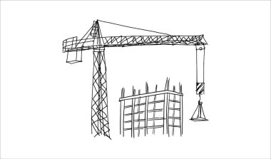 Yapı vinçleri ve binaları elle çizilmiş bir taslak çiziyor. Kule vinçleri bitmemiş yapıların yakınındaki malzemeleri kaldırıyor. İnşaat temaları için kalem satırı sanatı, siyah beyaz vektör