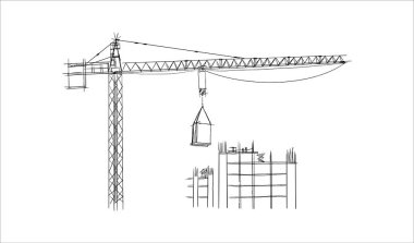 Yapı vinçleri ve binaları elle çizilmiş bir taslak çiziyor. Kule vinçleri bitmemiş yapıların yakınındaki malzemeleri kaldırıyor. İnşaat temaları için kalem satırı sanatı, siyah beyaz vektör