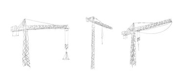 Yapı vinçleri elle çizilmiş. Kancalı ve çerçeveli kule vinçleri, kalem çizgisi sanatında inşaat malzemeleri. Mimarlık veya mühendislik için siyah ve beyaz vektör çizimi