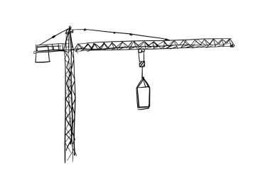 Yapı vinçleri elle çizilmiş. Kancalı ve çerçeveli kule vinçleri, kalem çizgisi sanatında inşaat malzemeleri. Mimarlık veya mühendislik için siyah ve beyaz vektör çizimi