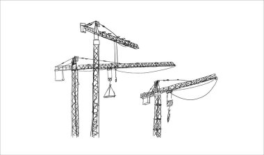 Yapı vinçleri elle çizilmiş. Kancalı ve çerçeveli kule vinçleri, kalem çizgisi sanatında inşaat malzemeleri. Mimarlık veya mühendislik için siyah ve beyaz vektör çizimi