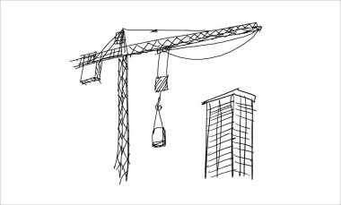 Yapı vinçleri ve binaları elle çizilmiş bir taslak çiziyor. Kule vinçleri bitmemiş yapıların yakınındaki malzemeleri kaldırıyor. İnşaat temaları için kalem satırı sanatı, siyah beyaz vektör