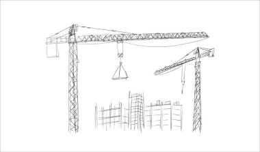 Yapı vinçleri ve binaları elle çizilmiş bir taslak çiziyor. Kule vinçleri bitmemiş yapıların yakınındaki malzemeleri kaldırıyor. İnşaat temaları için kalem satırı sanatı, siyah beyaz vektör