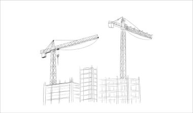 Yapı vinçleri ve binaları elle çizilmiş bir taslak çiziyor. Kule vinçleri bitmemiş yapıların yakınındaki malzemeleri kaldırıyor. İnşaat temaları için kalem satırı sanatı, siyah beyaz vektör